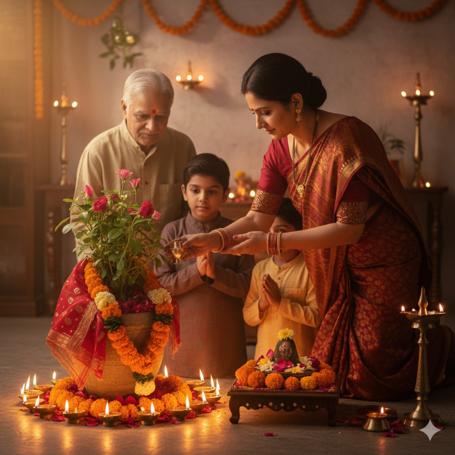 Tulsi Vivah 2025 puja at home, Indian family performing Tulsi Mata marriage with diya and garlands.