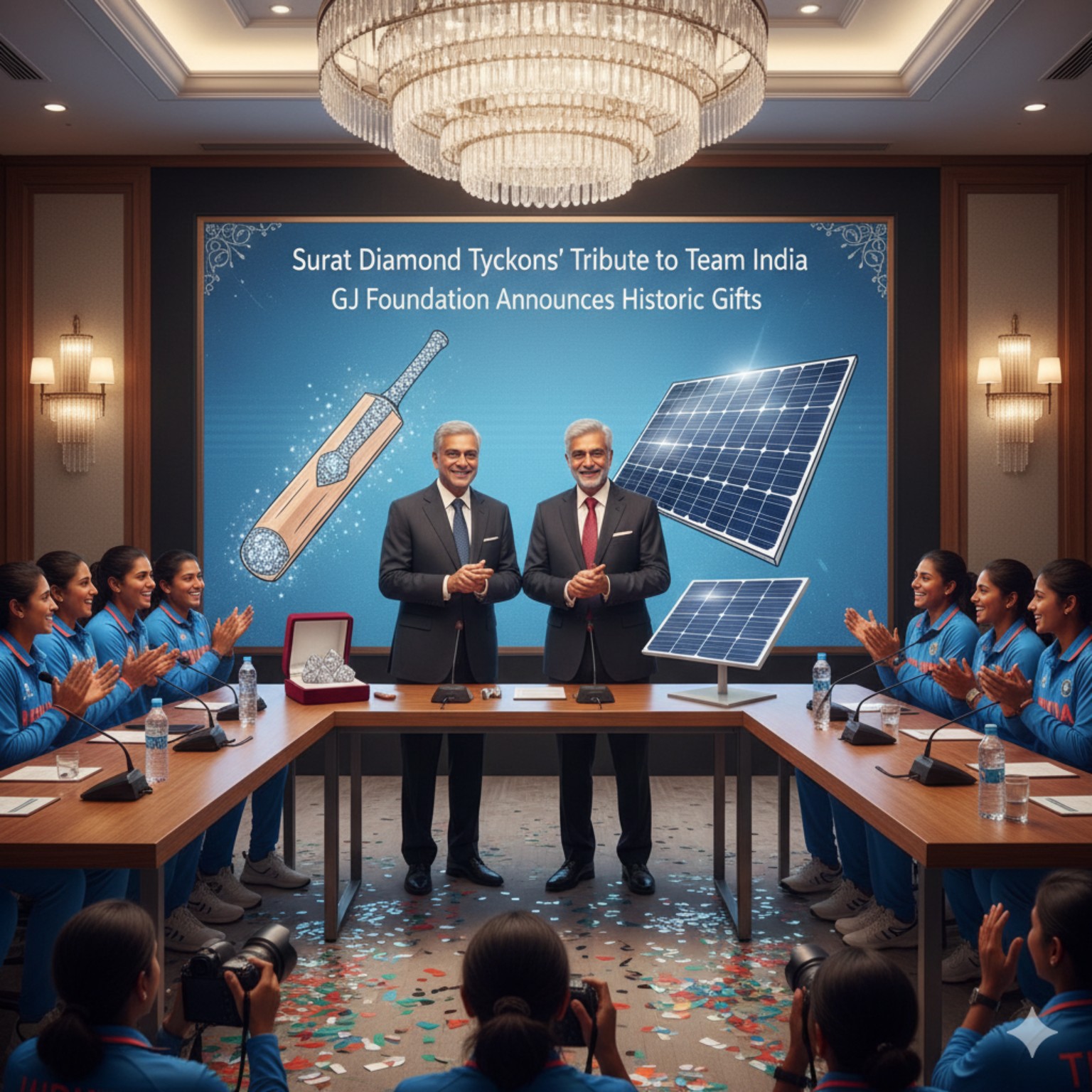 Surat diamond businessmen announcing diamond and solar panel gifts for Indian women cricketers