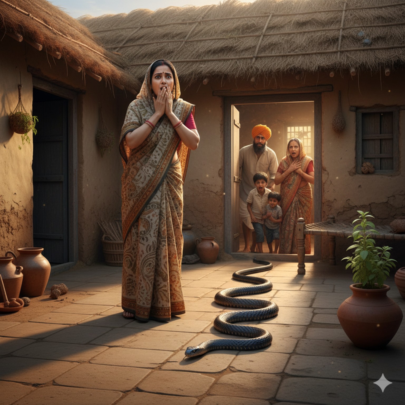 A woman shocked to see a snake inside her courtyard while her family stands behind in fear.