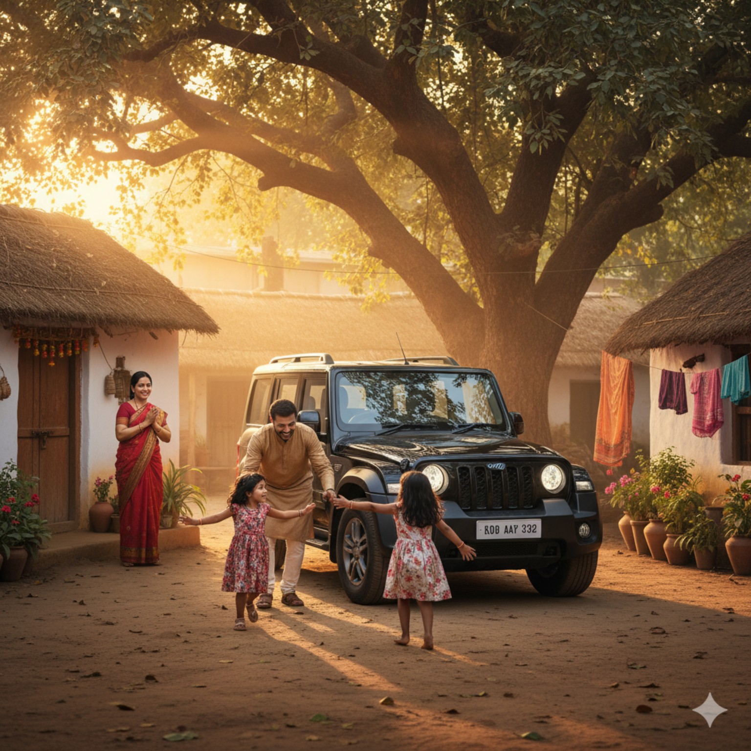Father arriving in Thar car, daughters running joyfully to hug him in Indian village courtyard.