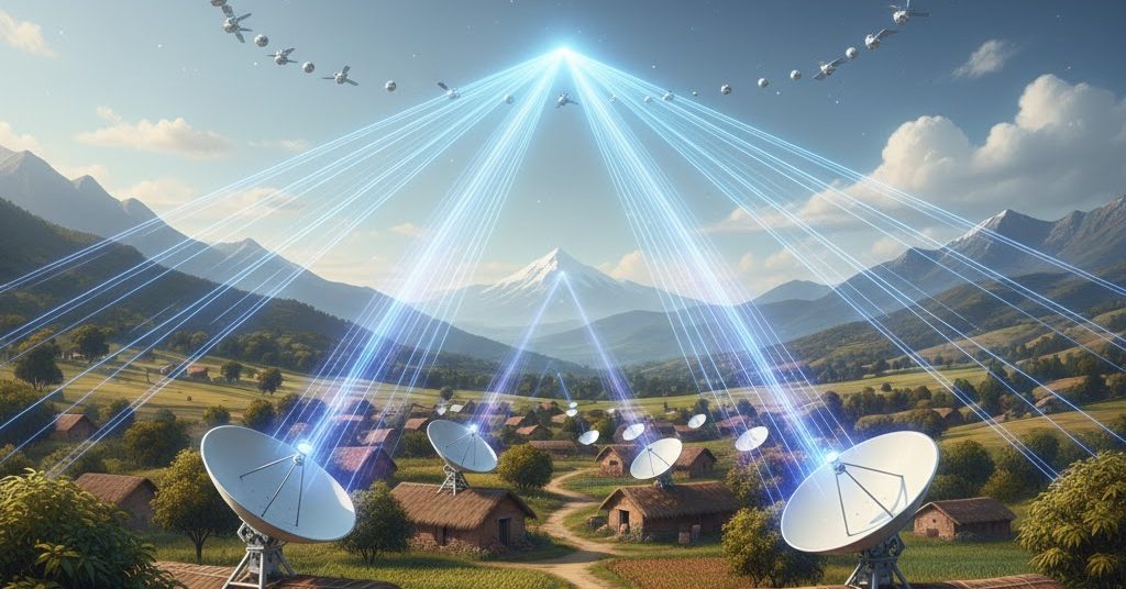 Starlink Internet India Village receiving internet beams from orbiting satellites.