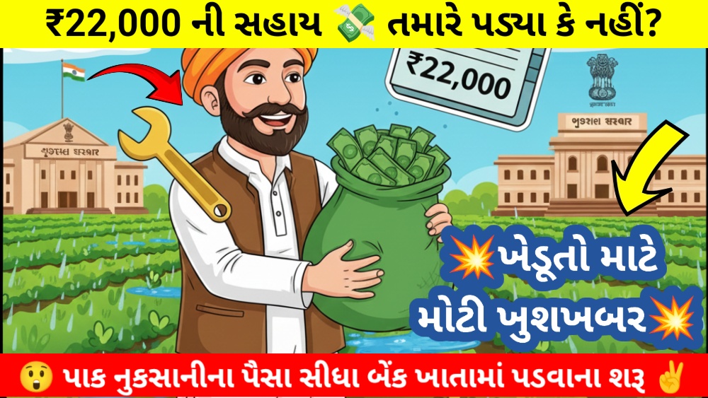કમોસમી વરસાદની સહાય મેળવતા ખુશ ખેડૂત અને સરકારી ભવન