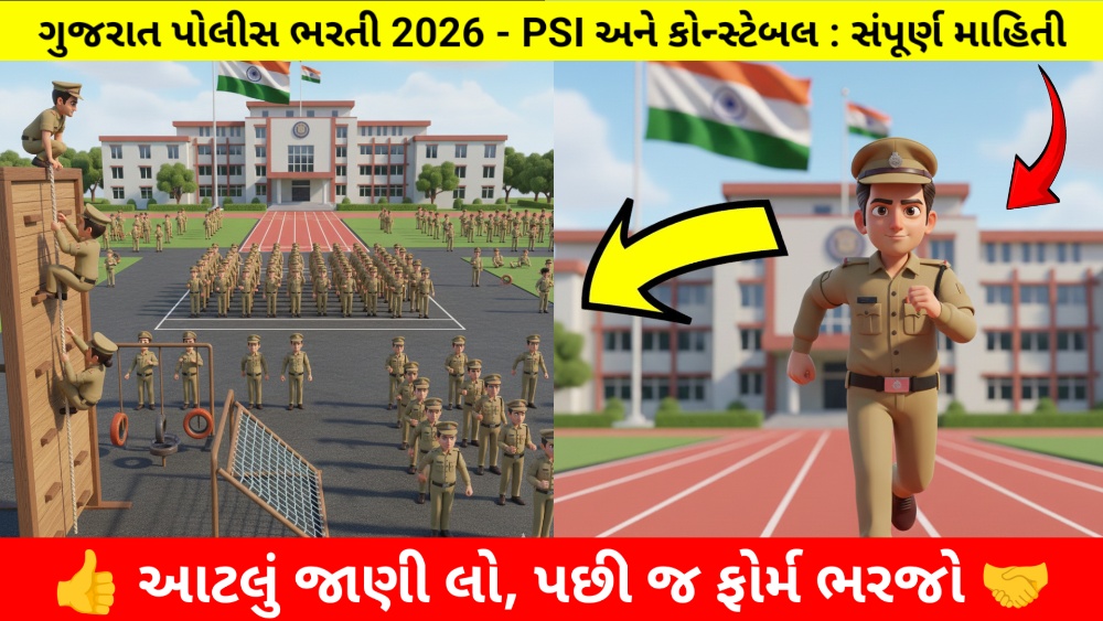 ગુજરાત પોલીસ ભરતી 2026 ની તૈયારી દર્શાવતું કાર્ટૂન ઈમેજ.