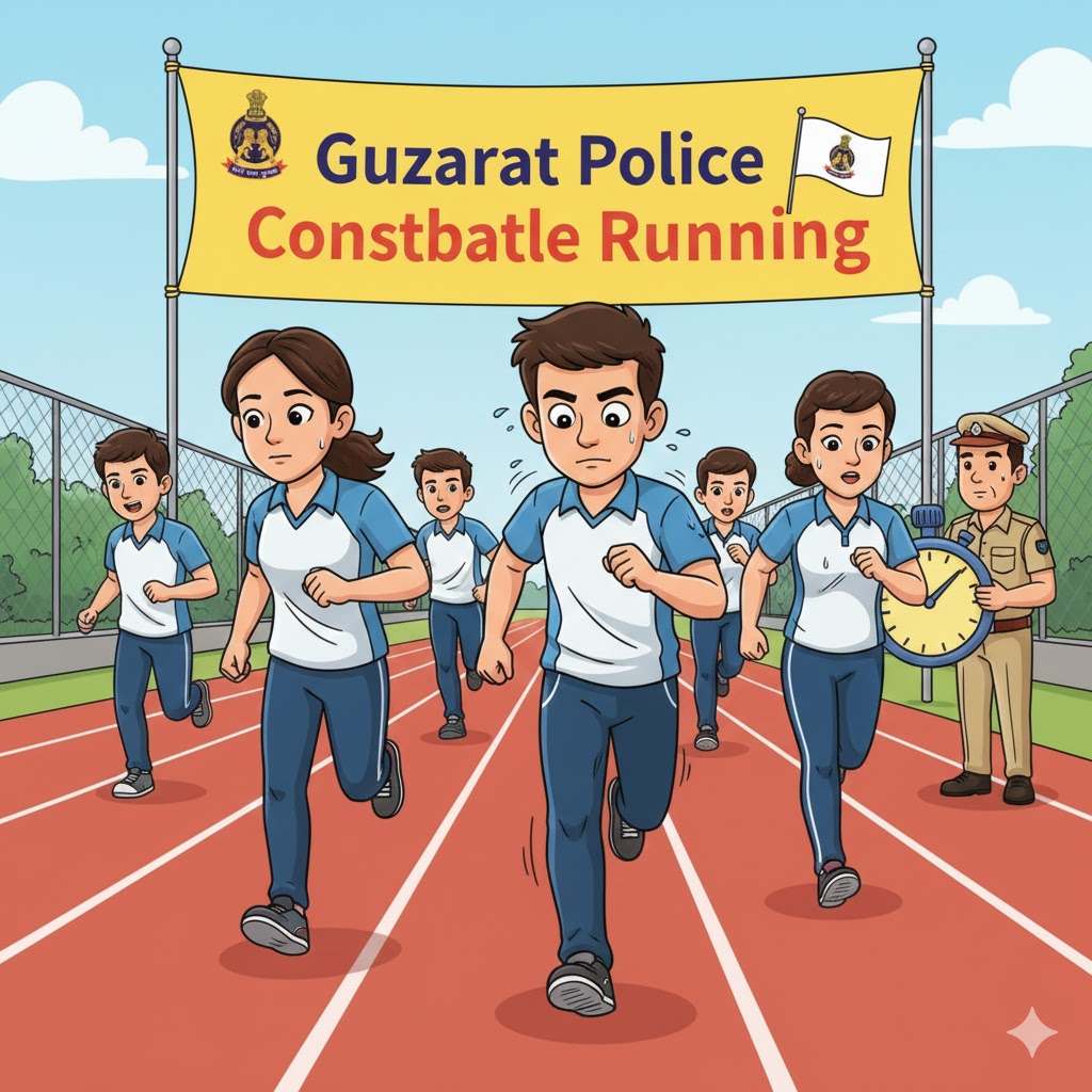 Gujarat Police Constable Running દોડ પરીક્ષા દરમિયાન ટ્રેક પર દોડતા પુરુષ અને મહિલા ઉમેદવારોનું cartoon style દૃશ્ય Police Running Exam