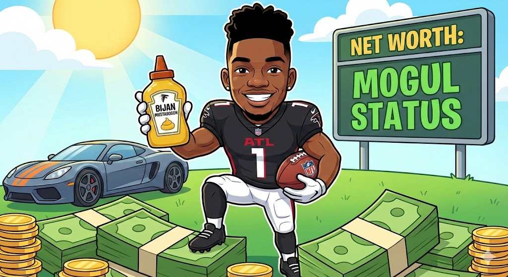 Vibrant cartoon illustration of NFL star Bijan Robinson in an Atlanta Falcons uniform, holding a bottle of "Bijan Mustardson" and a football while standing on stacks of cash, featuring a luxury sports car and a "Net Worth: Mogul Status" scoreboard in the background.