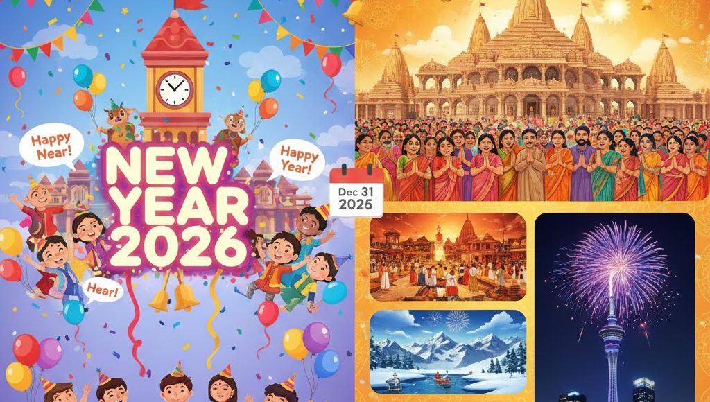 एक प्यारा कार्टून कैरेक्टर जो हाथ में 'Happy New Year 2026' का बोर्ड लेकर नए साल का जश्न मना रहा है।