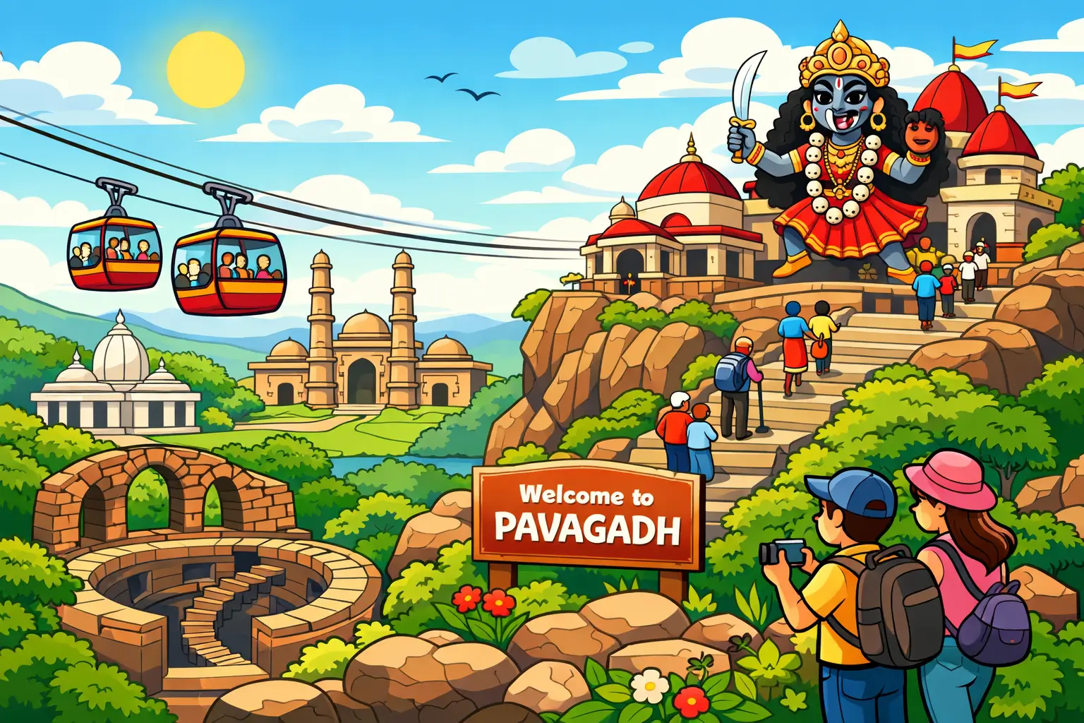 Cartoon style illustration of Pavagadh Mahakali Temple, ropeway, Champaner heritage and tourists in Gujarat
