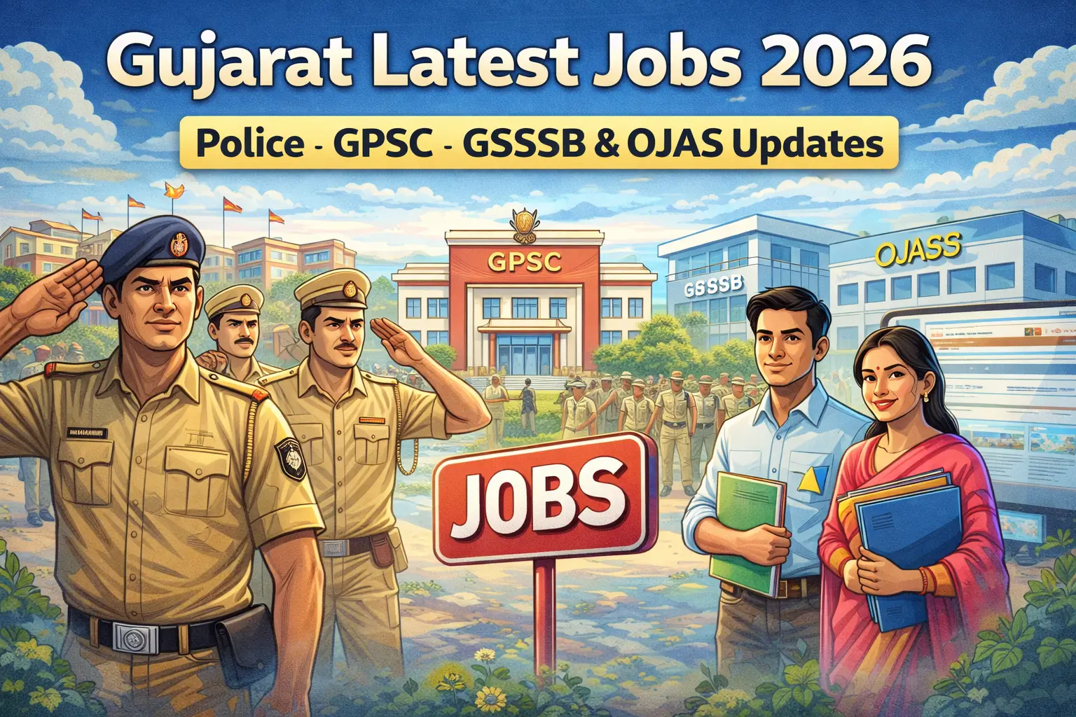 Cartoon style image showing Gujarat Latest Jobs 2026 with police, GPSC, GSSSB and OJAS recruitment updates