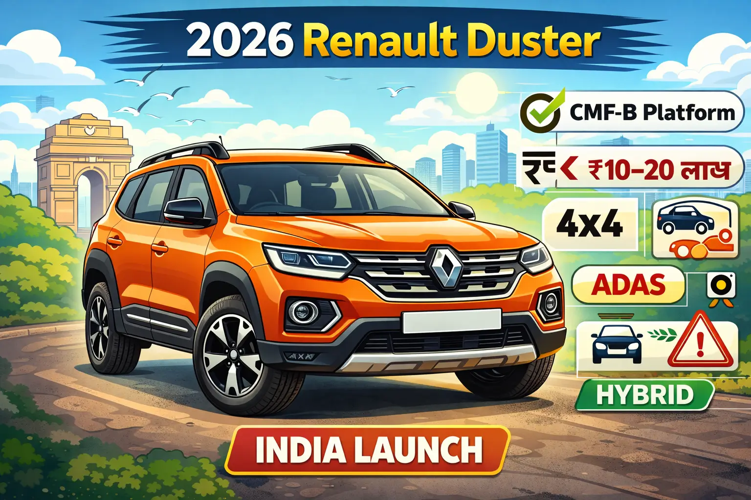 Cartoon style image of 2026 Renault Duster SUV with ADAS, 4x4 and hybrid features for India launch