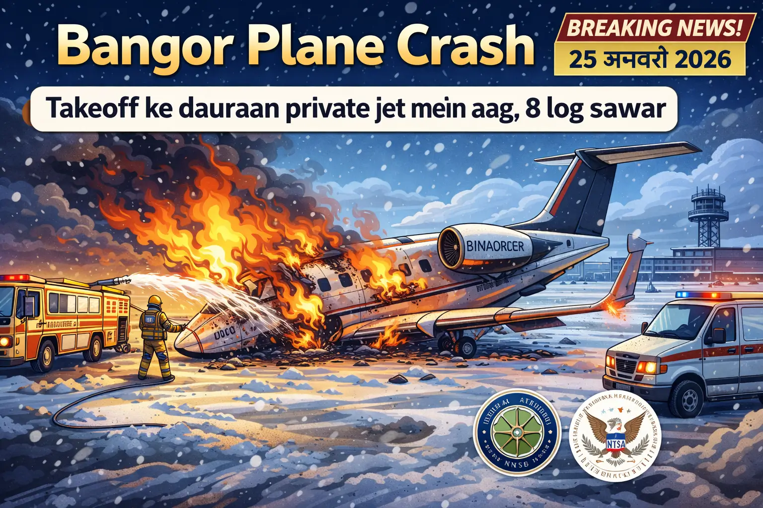 Cartoon style image of Bangor plane crash showing private jet on fire during snowy takeoff in Maine
