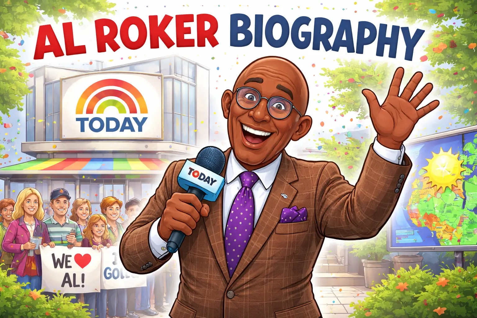 Cartoon style illustration of Al Roker presenting weather at NBC Today Show with cheering audience