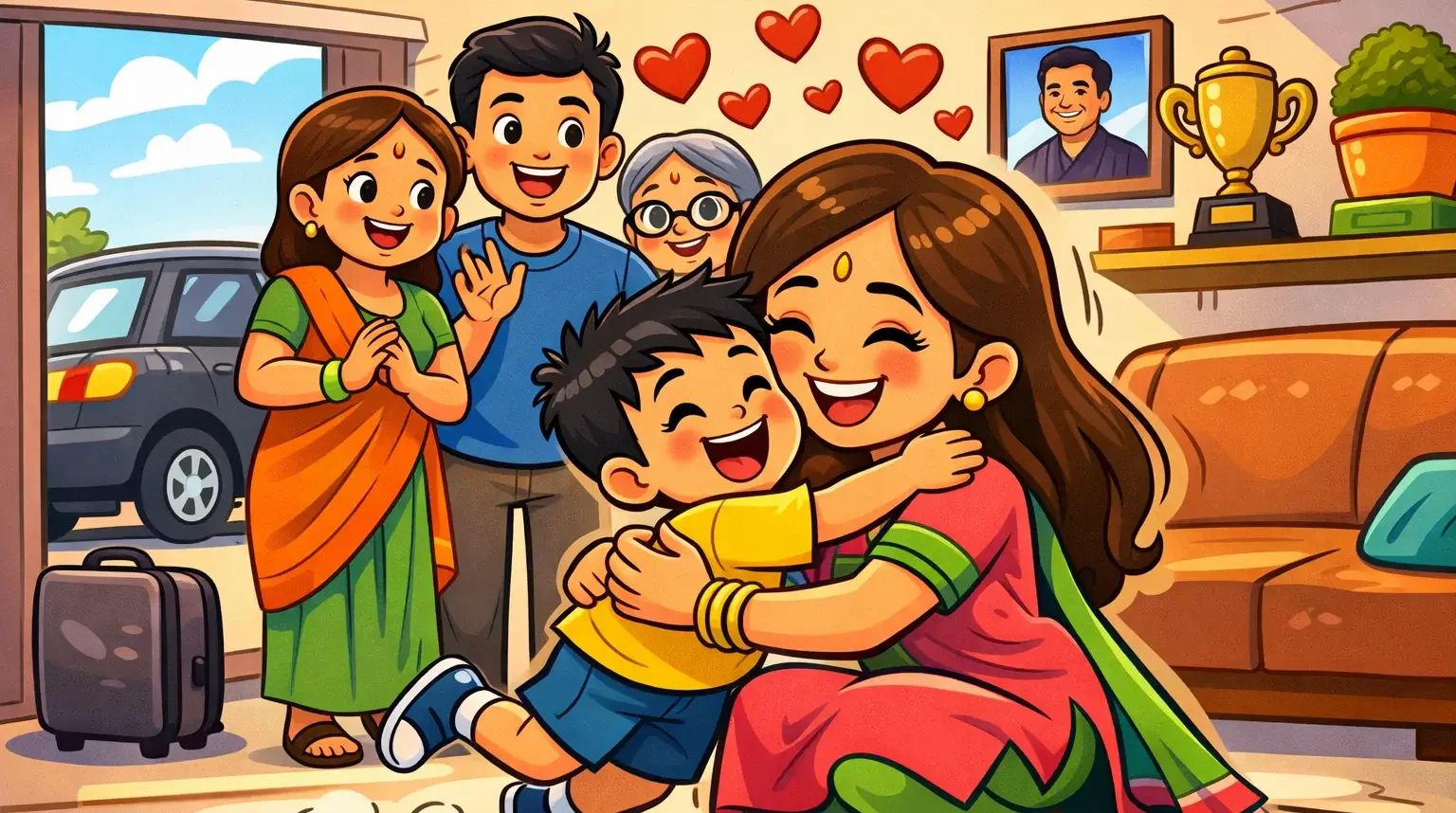 Cartoon style family reunion where a boy runs and hugs his aunt during an emotional family visit in Gandhinagar