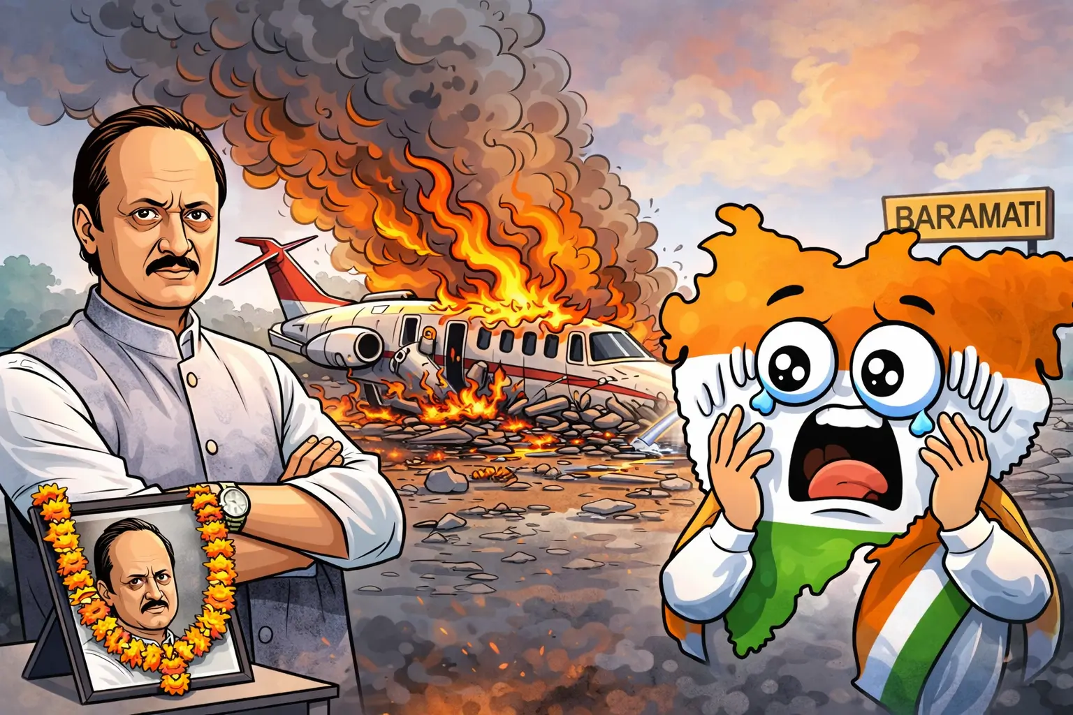Ajit Pawar plane crash cartoon image showing Baramati crash site and Maharashtra political shock