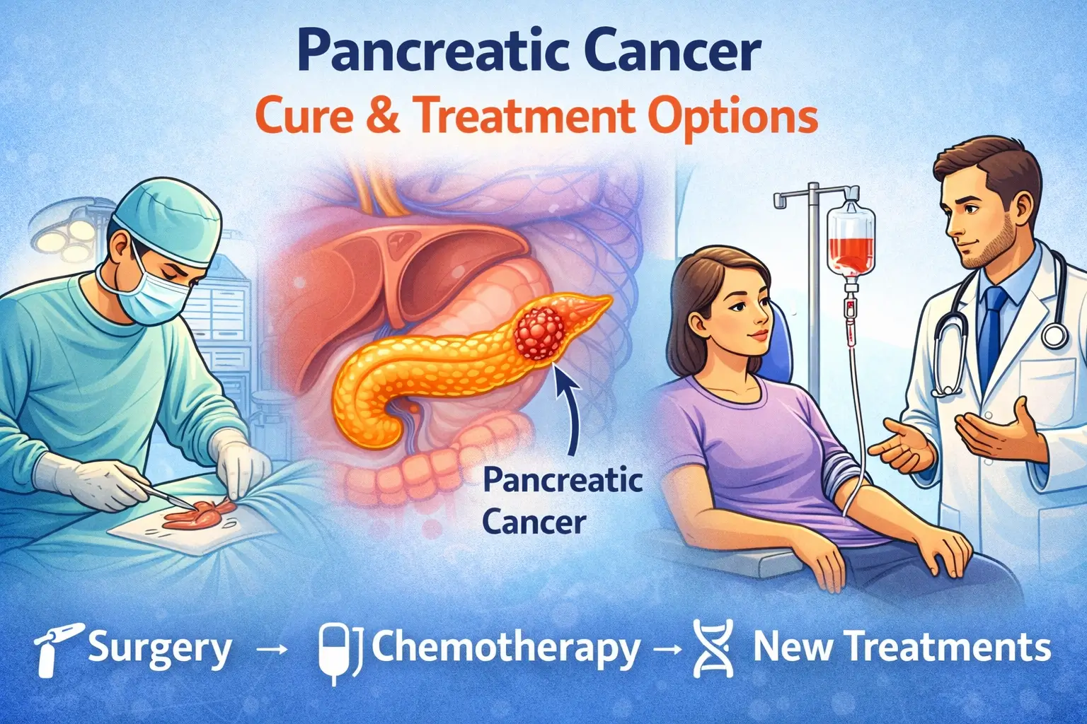 Pancreatic cancer treatment surgery chemotherapy cartoon medical illustration