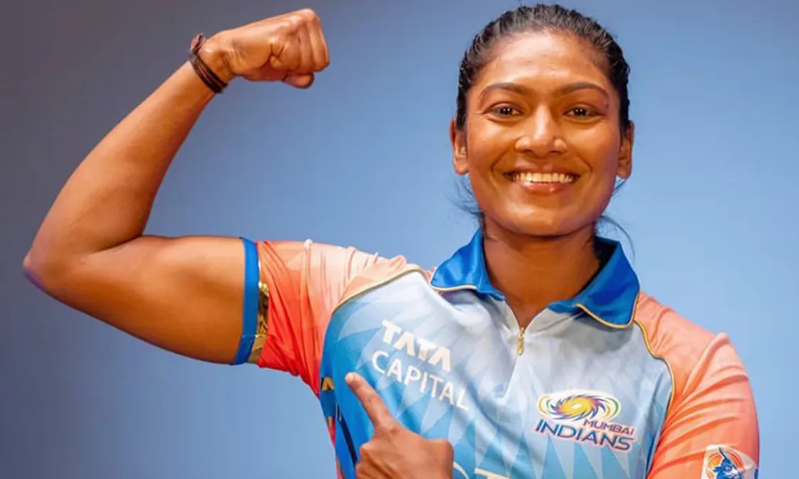 Sajeevan Sajana hitting a match-winning six for Mumbai Indians in WPL cartoon illustration.