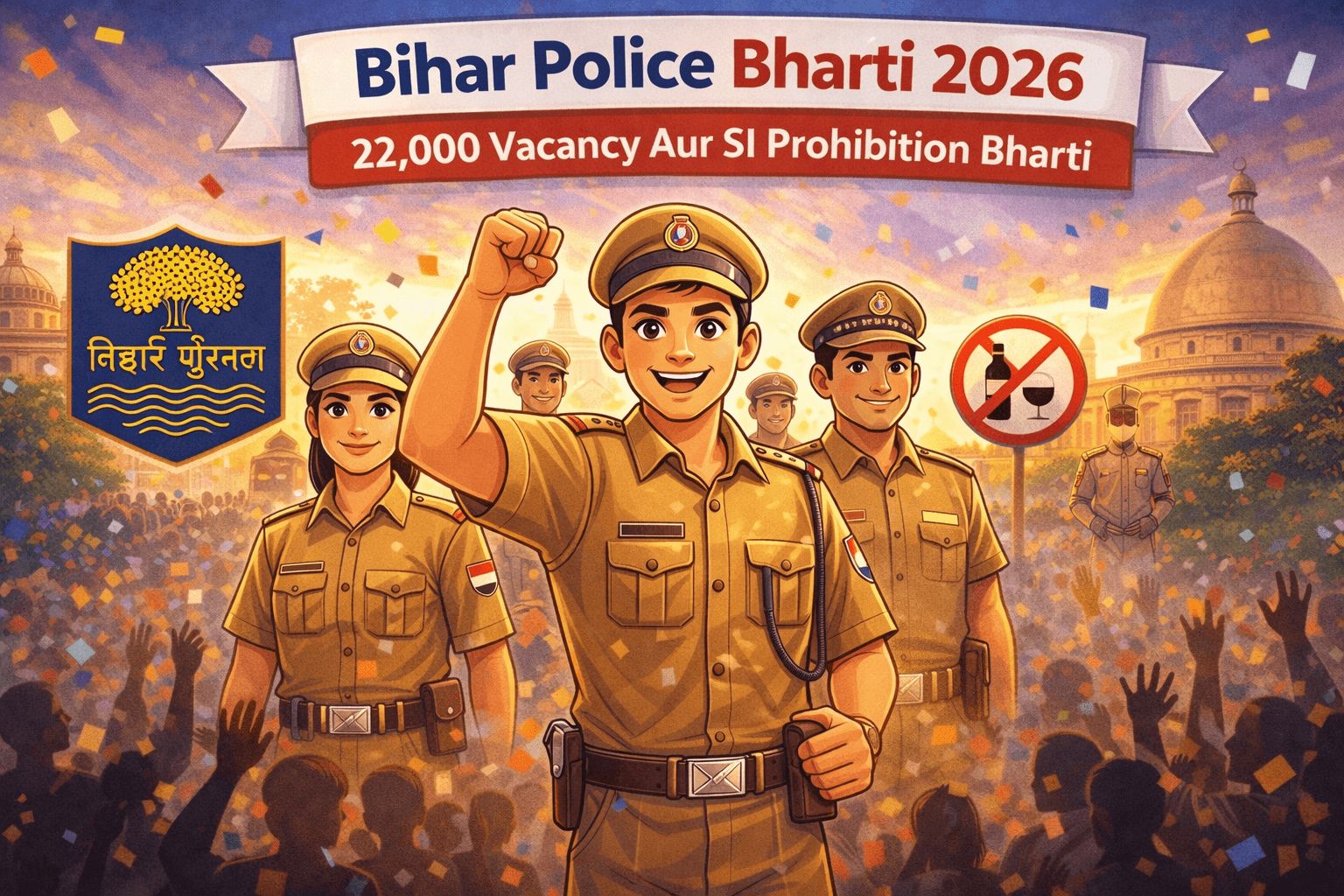 Bihar Police Bharti 2026 cartoon image showing 22000 vacancy and SI Prohibition recruitment