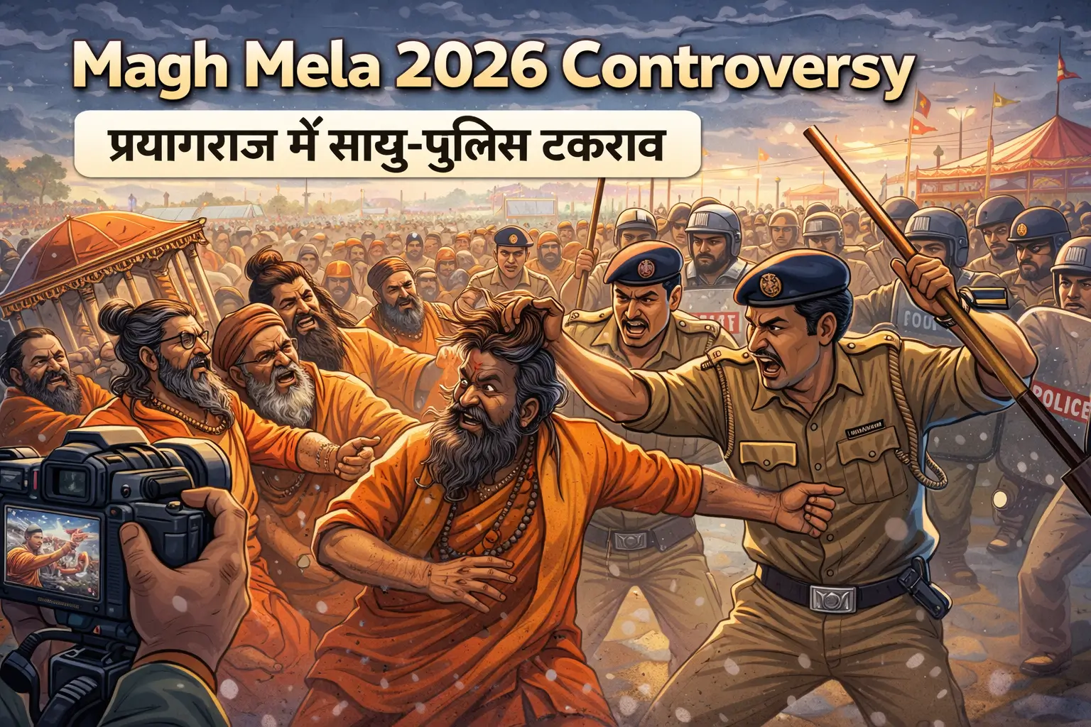Cartoon style image of Magh Mela 2026 controversy showing sadhu police clash in Prayagraj during mela