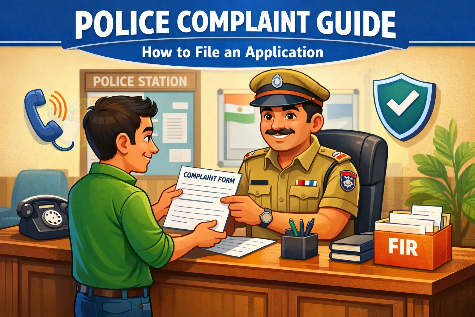 Citizen submitting police application to Indian police officer at police station desk – Police Arji guide illustration