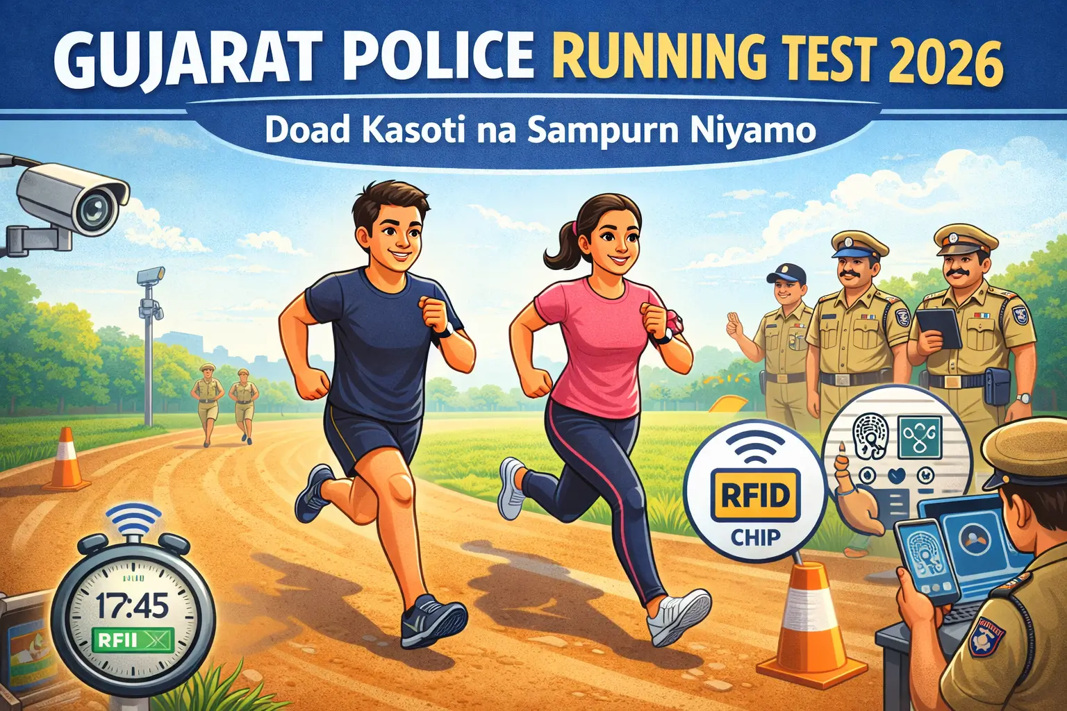 Gujarat Police physical test running rules 2026 cartoon illustration