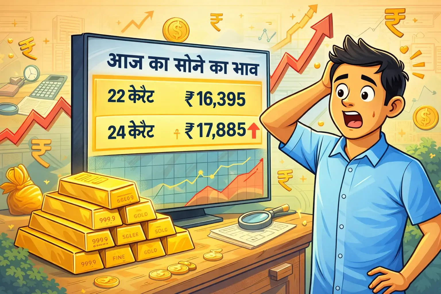 Gold price today in Hindi screen par 22K aur 24K gold rate dikhata cartoon illustration