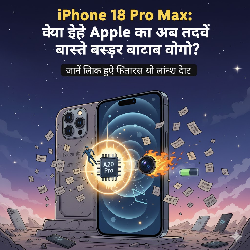 Futuristic iPhone 18 Pro Max cartoon illustration showing 2nm A20 chip and variable aperture camera leaks.