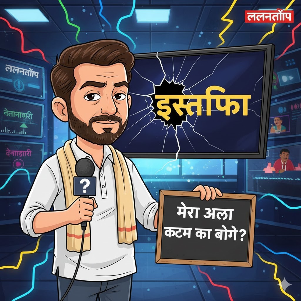 Cartoon illustration of Saurabh Dwivedi in his signature desi style with a gamcha and microphone.