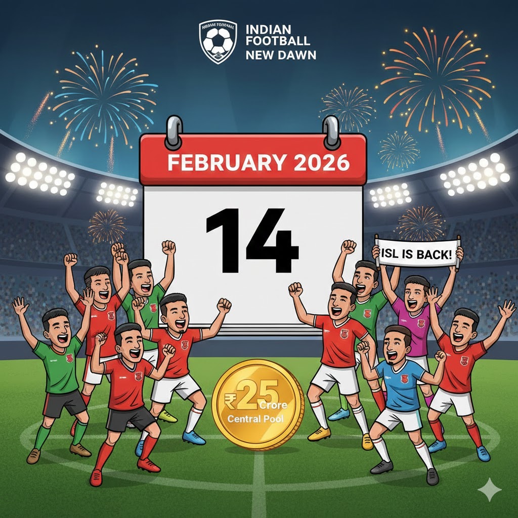 Cartoon illustration of Indian football fans cheering in a stadium with a football and the ISL 2026 start date February 14 displayed.