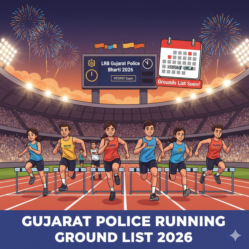 Animated map of Gujarat showing running icons on major cities like Gandhinagar, Ahmedabad, and Surat for Police PET grounds.