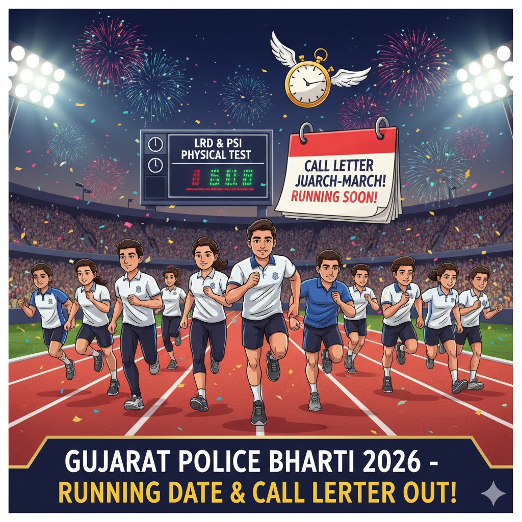 A dynamic cartoon of a Gujarat Police candidate in a tracksuit breaking a finish line tape, with a digital clock showing a winning time.