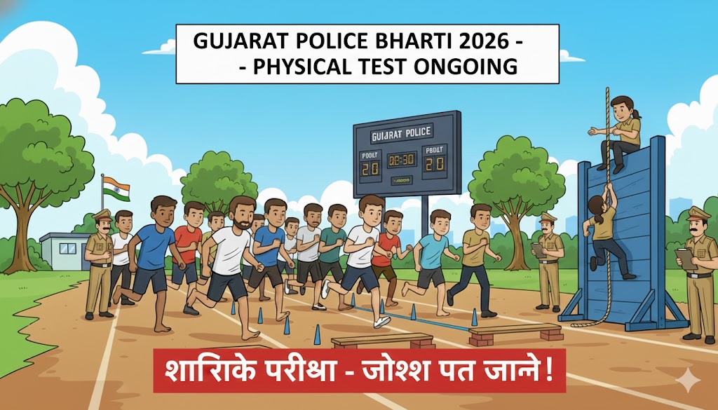 A dynamic cartoon of a male and female candidate running on a professional track during a police recruitment physical test with examiners and a digital timer.