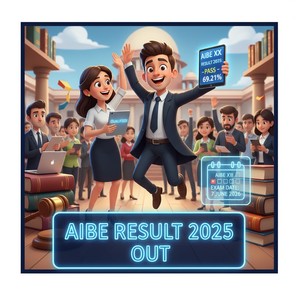 A 3D cartoon of a happy law graduate wearing a black advocate gown and holding a legal gavel, with a glowing "AIBE 20 Result OUT" banner and a courtroom background.