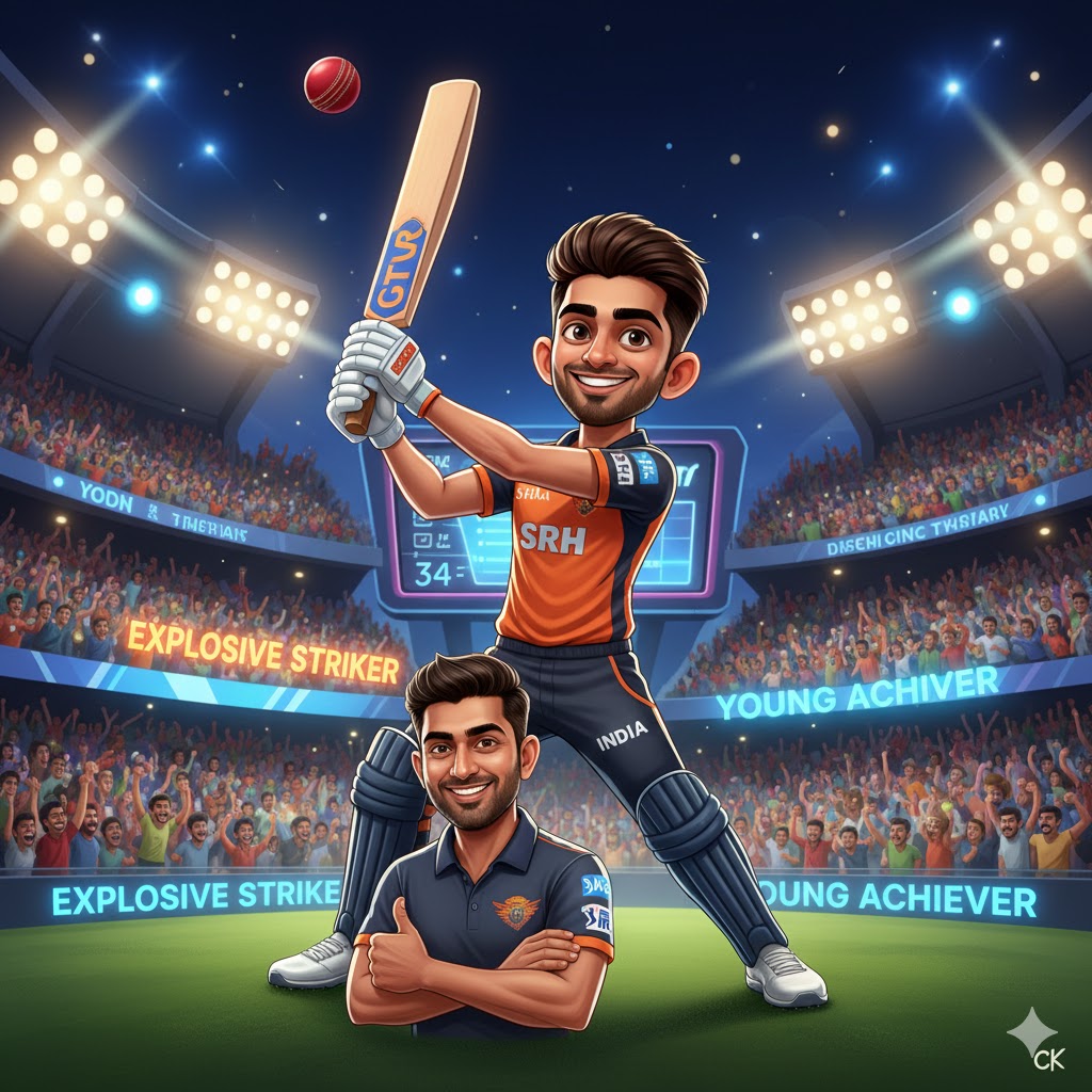 A 3D cartoon illustration of cricketer Abhishek Sharma in Indian jersey, playing an aggressive shot in a stadium, featuring a dynamic sports vibe.