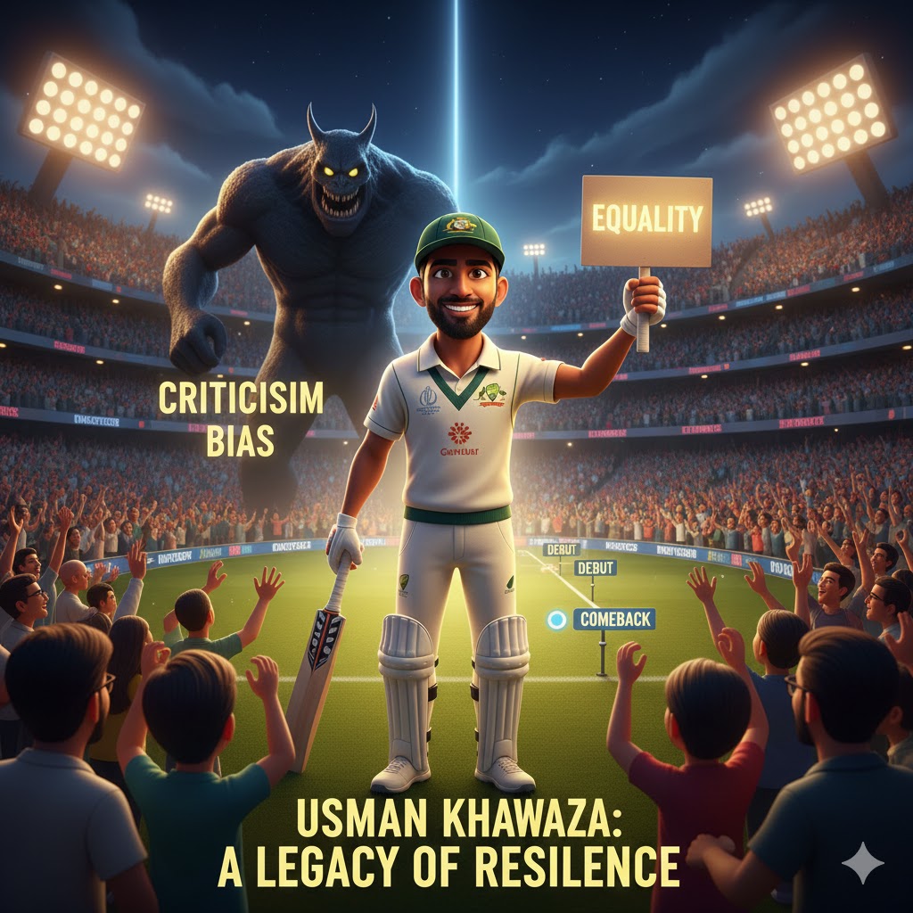A 3D cartoon illustration of Australian cricketer Usman Khawaja in a white Test cricket kit, looking thoughtful and determined in a large stadium.