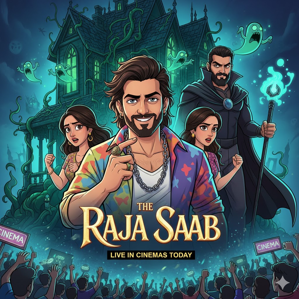 द राजा साब (The Raja Saab) फिल्म का एक स्टाइलिश पोस्टर जिसमें हॉरर-कॉमेडी थीम और एक रहस्यमयी पुरानी हवेली को दिखाया गया है।