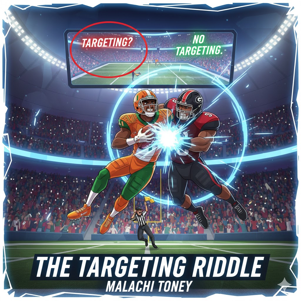 Malachi Toney injury update: A cartoon-style illustration of a high-impact football tackle, representing the controversial targeting hit on Miami Hurricanes' star Malachi Toney.
