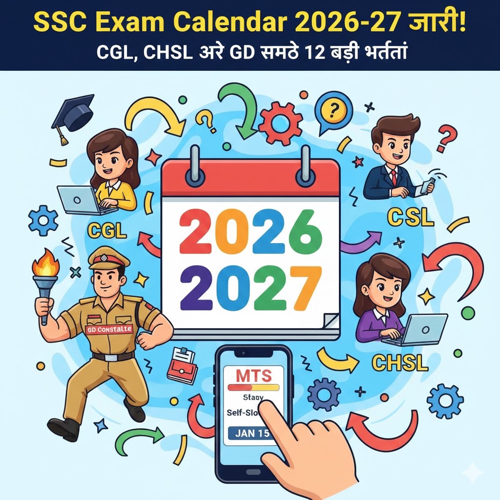 SSC Exam Calendar 2026-27 cartoon illustration showing CGL CHSL and GD Constable exams with a calendar.