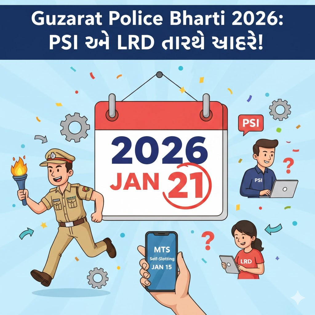 Gujarat Police Bharti 2026 cartoon illustration of candidates preparing for PSI and LRD physical running test on a ground.