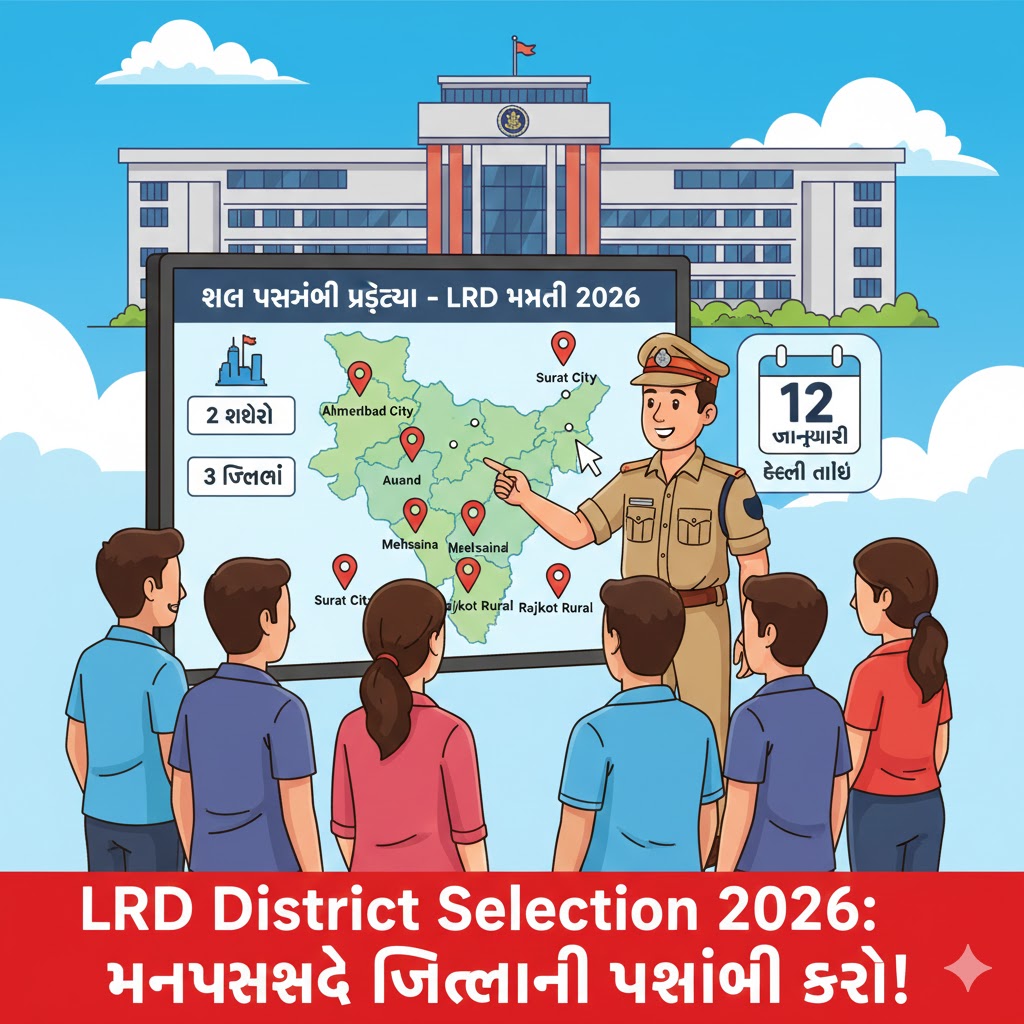 LRD District Selection 2026: ગુજરાતના નકશા સાથે લોકરક્ષક ઉમેદવાર મનપસંદ જિલ્લાની પસંદગી કરી રહ્યો હોય તેવું આકર્ષક કાર્ટૂન.