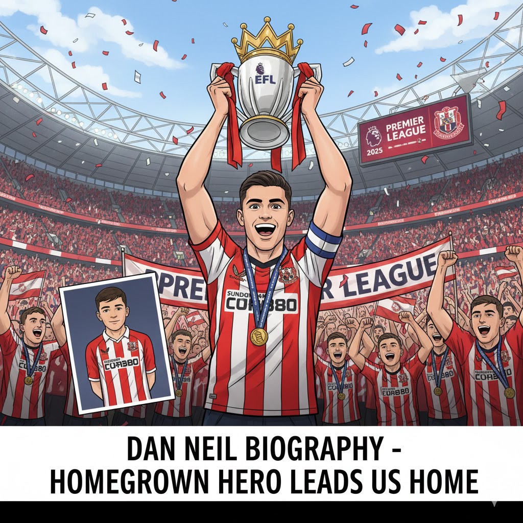 A vibrant cartoon-style illustration of Dan Neil wearing the Sunderland AFC captain's armband and home kit, depicting his leadership as a homegrown midfield hero in the Premier League.