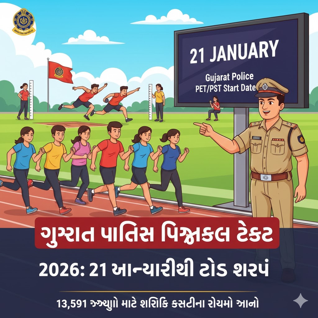 गुजरात पुलिस फिजिकल टेस्ट 2026: एक कार्टून इलस्ट्रेशन जिसमें पुरुष और महिला उम्मीदवार दौड़ (Running) और शारीरिक माप (Height/Weight) की तैयारी करते हुए दिखाए गए हैं।