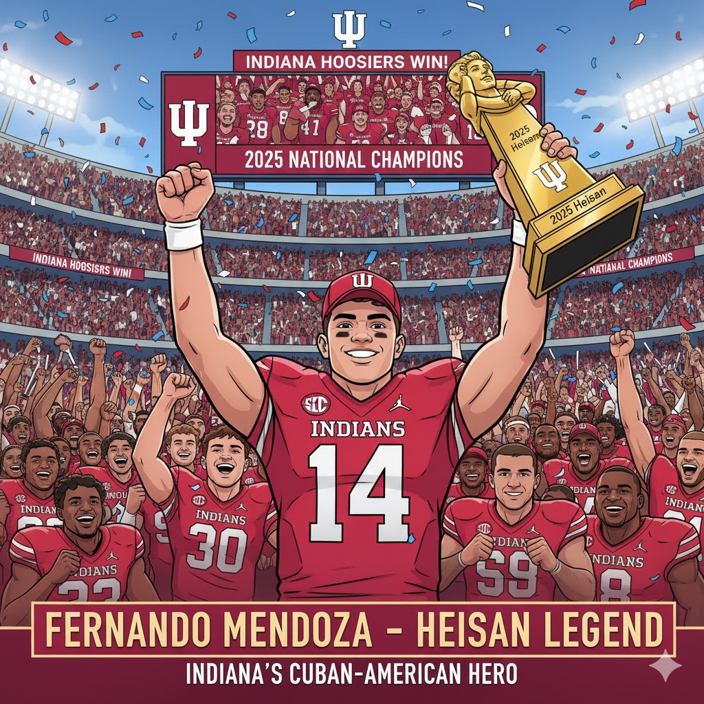 A vibrant cartoon illustration of Fernando Mendoza, the Indiana University quarterback and 2025 Heisman Trophy winner, holding the trophy and wearing his number 15 Hoosiers jersey.