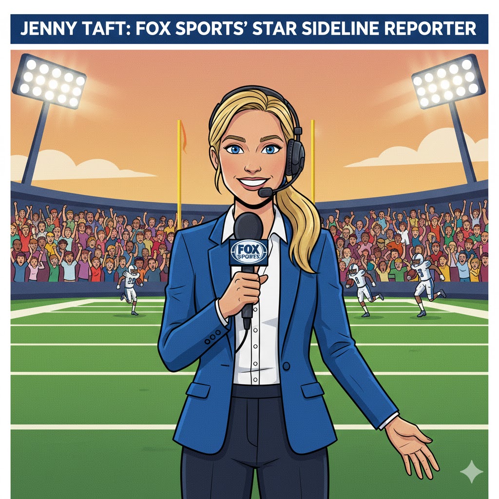 A professional cartoon illustration of Jenny Taft holding a Fox Sports microphone on a football sideline with a stadium background.