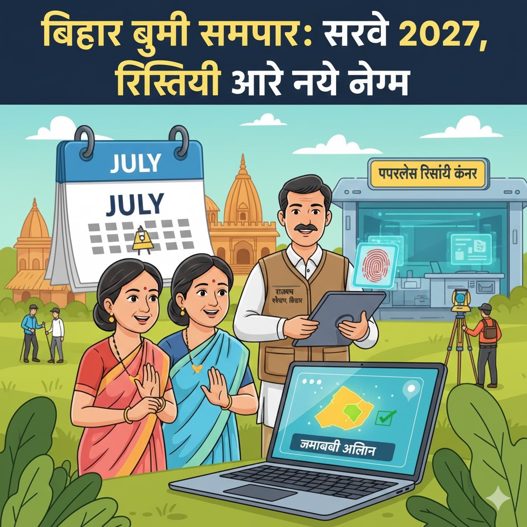 A cartoon illustration showing a Bihar government official explaining land survey documents to a farmer in front of a digital kiosk.