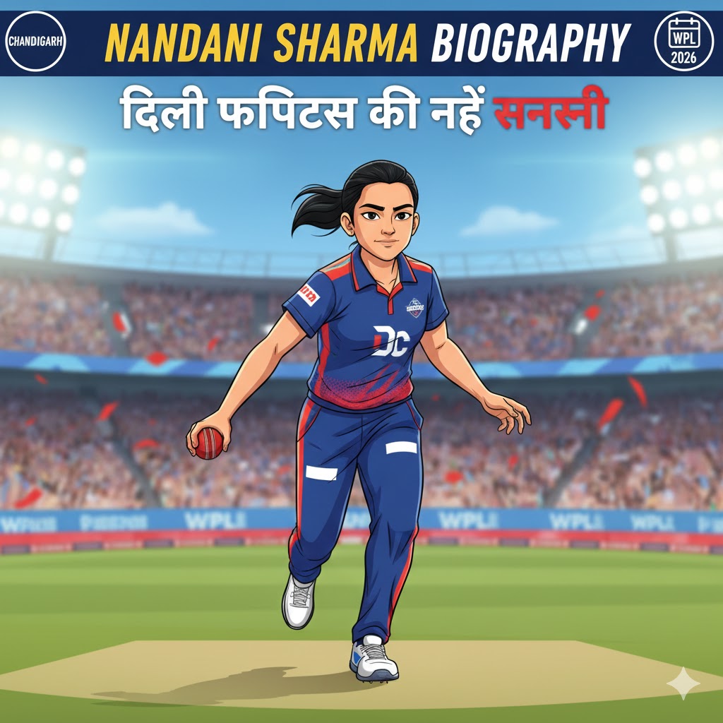 Nandani Sharma cricketer Delhi Capitals WPL 2026 cartoon illustration fast bowler bowling.