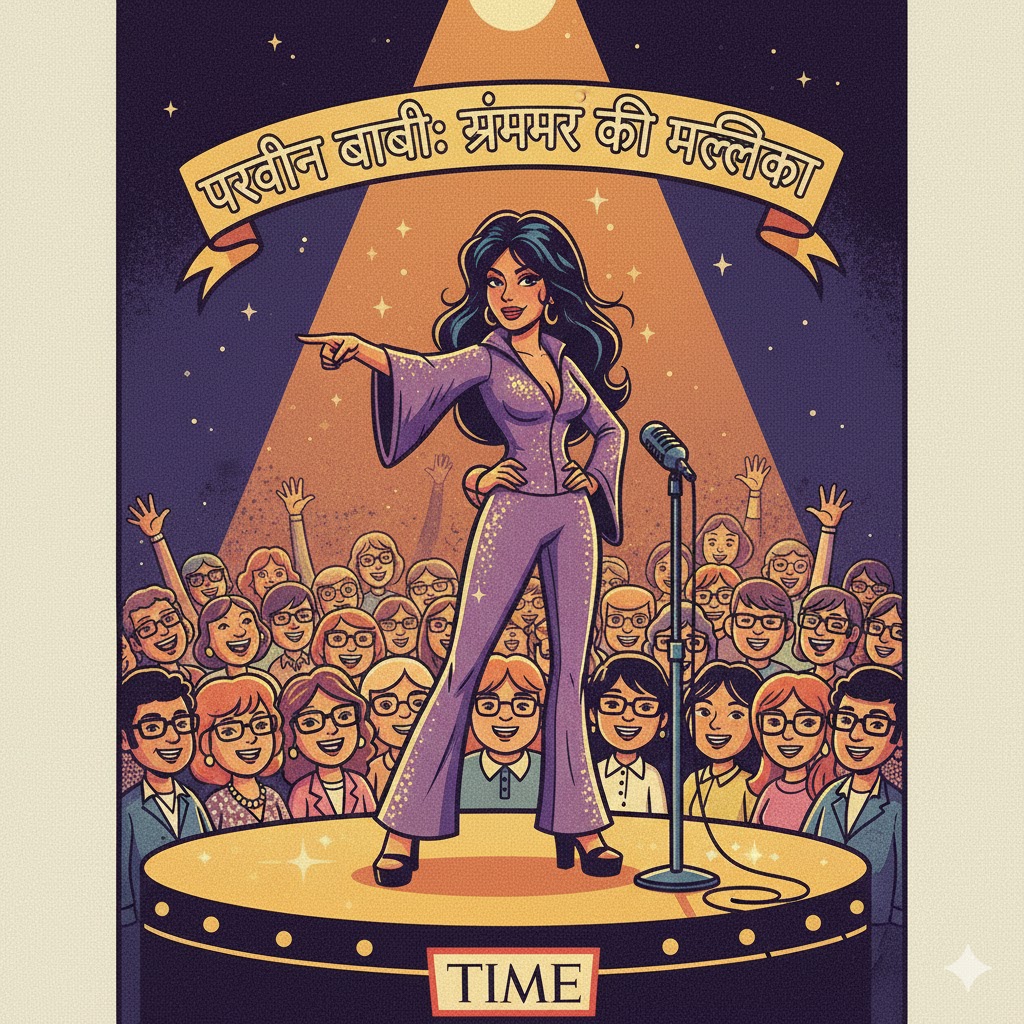 Parveen Babi Life Story Cartoon illustration of Parveen Babi in a 70s disco outfit performing on stage with a 'Time' magazine reference.