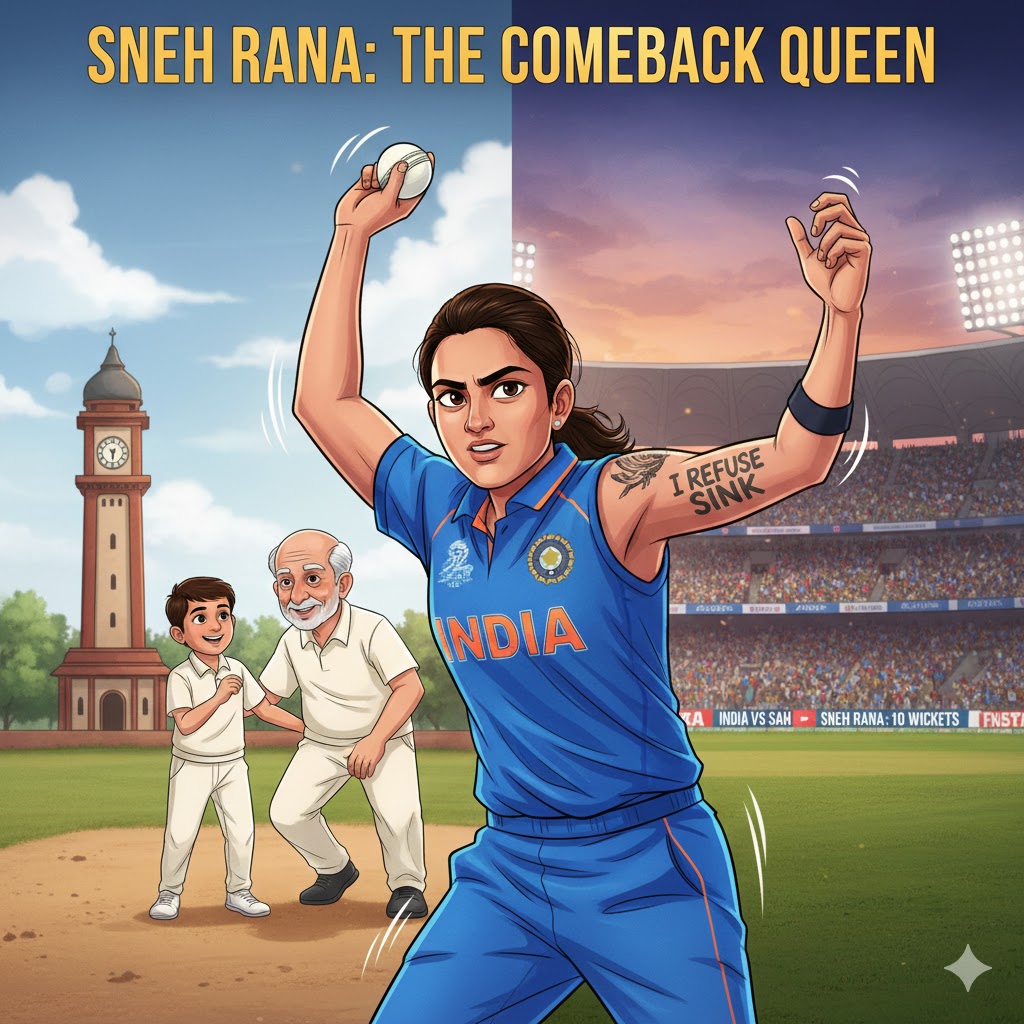 Cartoon illustration of Indian cricketer Sneh Rana in blue jersey, celebrating a wicket with a background showing the Dehradun hills and a cricket stadium.