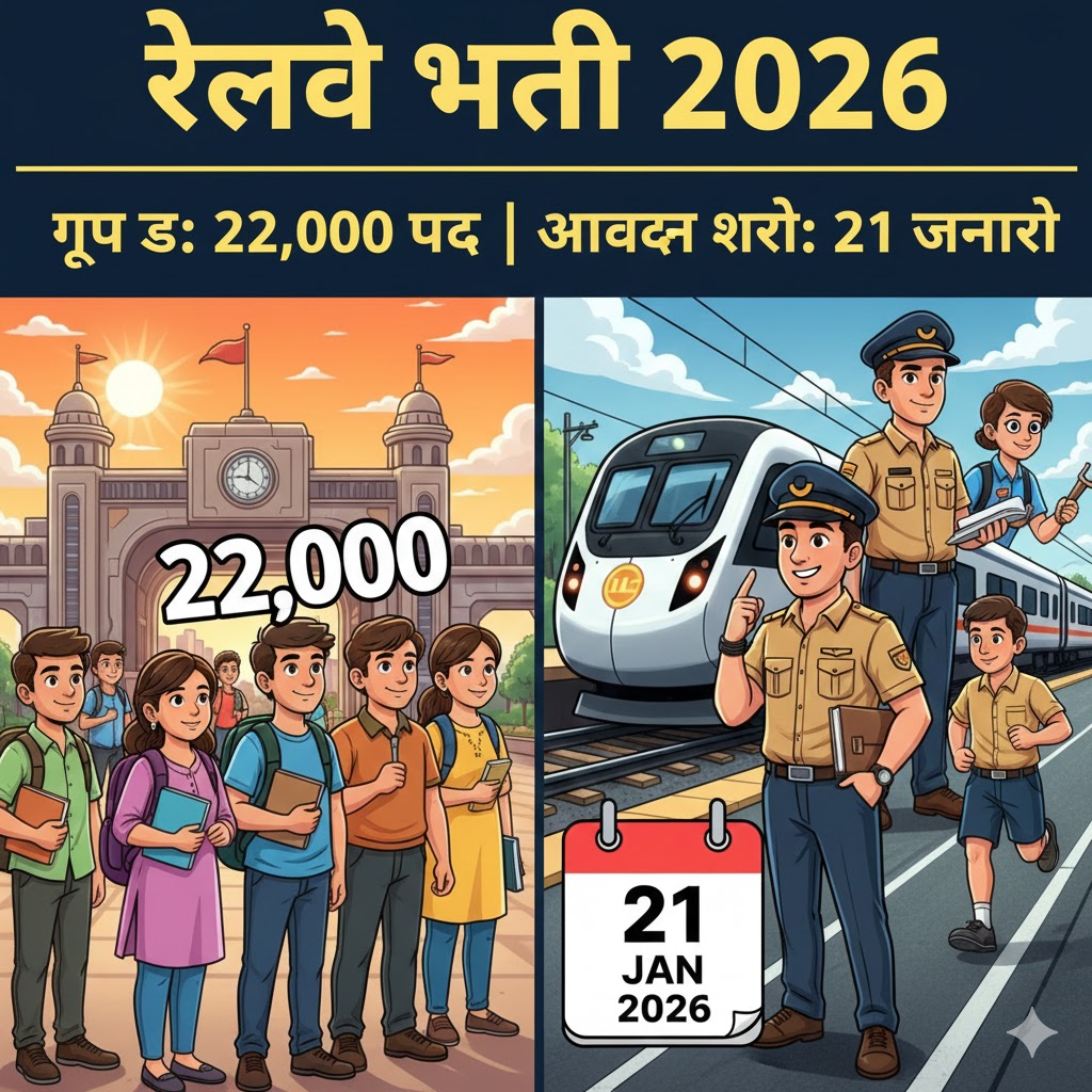 Cartoon illustration of an Indian Railway train engine with a diverse group of young Indian students holding books and 'Railway Job 2026' posters, symbolizing the RRB recruitment drive.