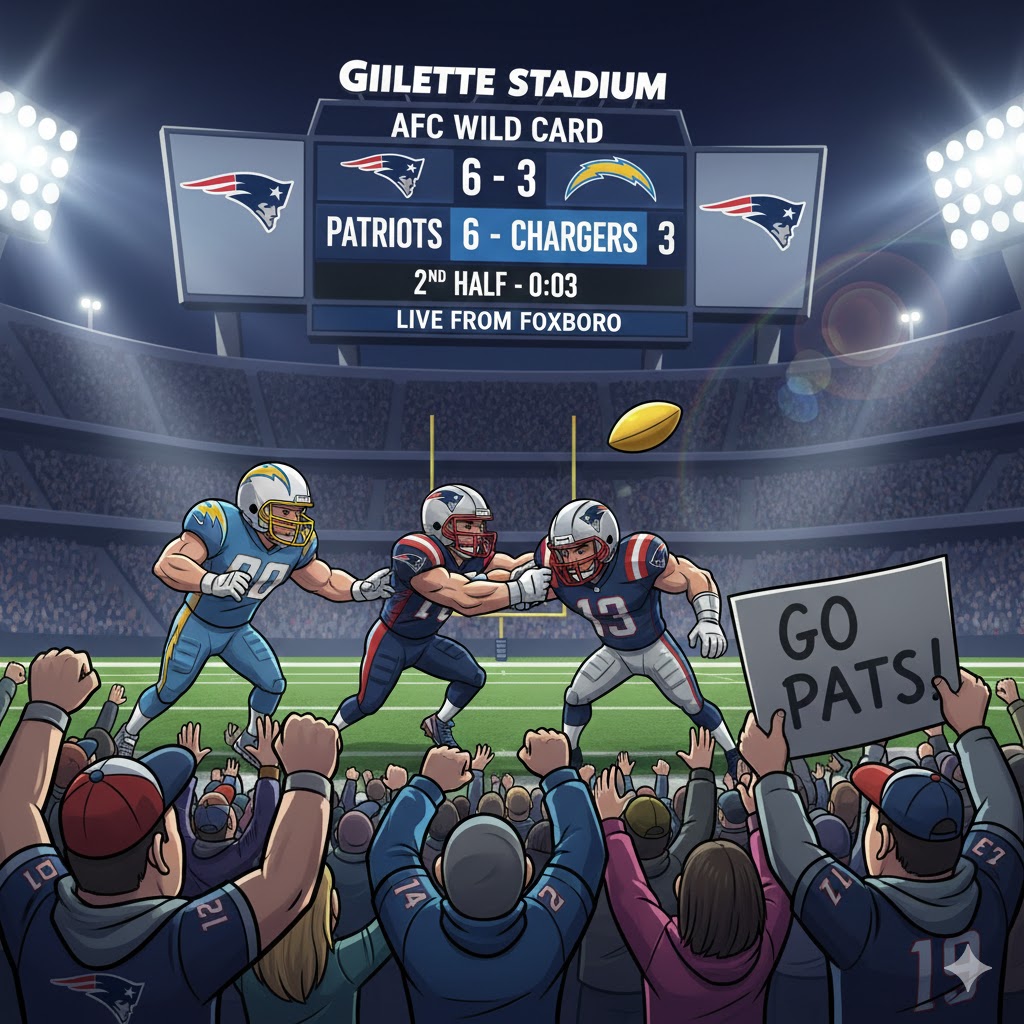 A vibrant cartoon illustration of the New England Patriots playing against the LA Chargers at a snowy Gillette Stadium, featuring fans cheering and the scoreboard showing a close playoff game.