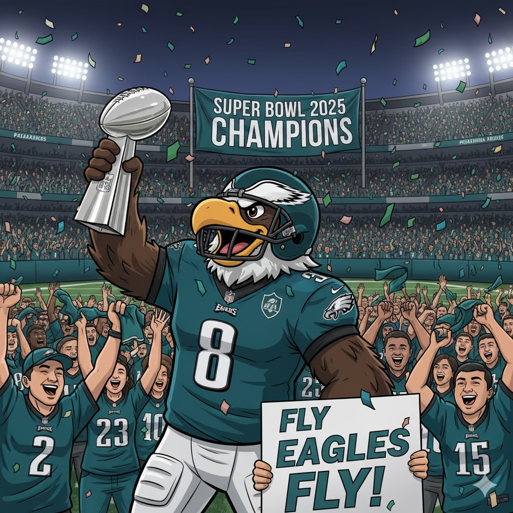 A majestic green eagle mascot wearing a Philadelphia Eagles helmet, triumphantly holding a Super Bowl trophy in a vibrant cartoon style with a packed stadium background.