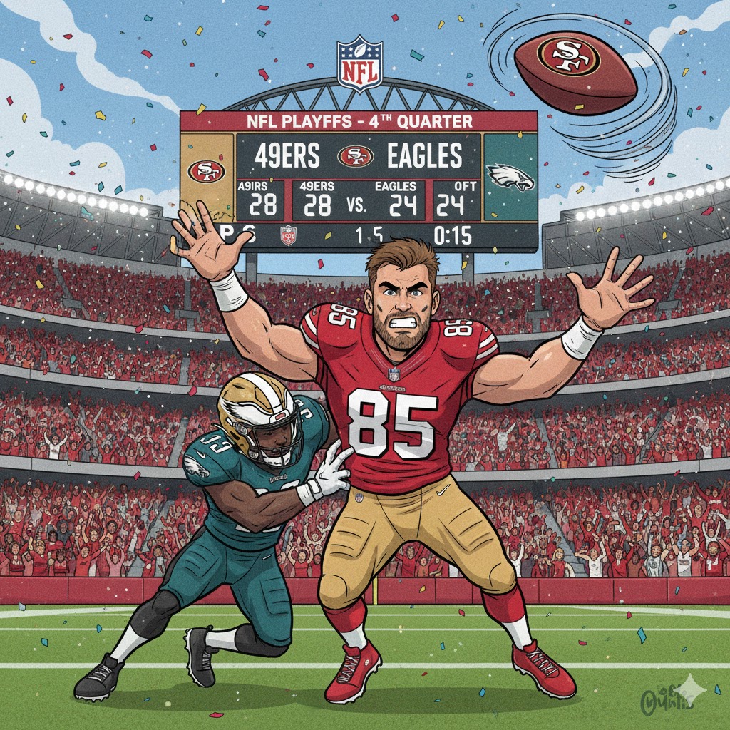 A high-energy cartoon illustration of George Kittle in his red San Francisco 49ers jersey, laughing and celebrating a touchdown, showcasing his vibrant personality.